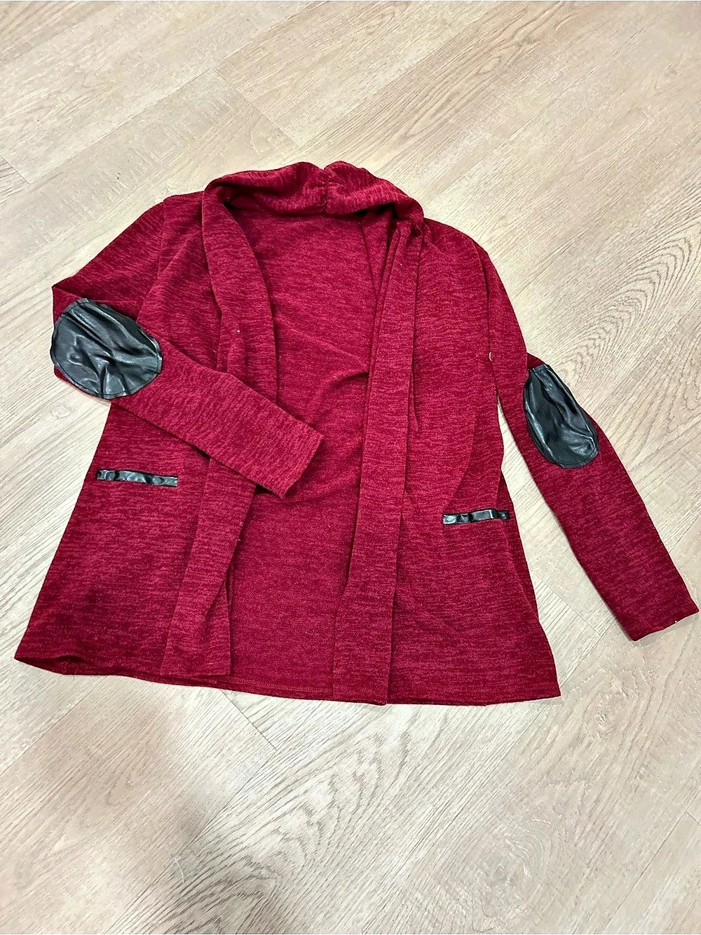 Rachel Kate Burgundy Knit Cardigan Faux Leather Elbow Patches Small